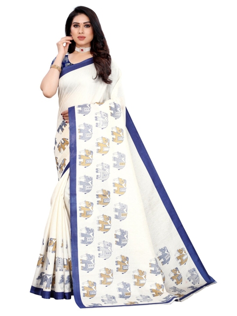 

KALINI Off White & Blue Ethnic Motifs Art Silk Khadi Saree