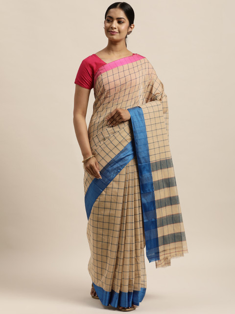 

aamna Beige & Blue Checked Pure Cotton Mangalagiri Saree