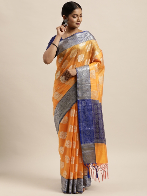 

aamna Mustard Yellow & Silver-Toned Ethnic Motifs Zari Art Silk Kanjeevaram Saree