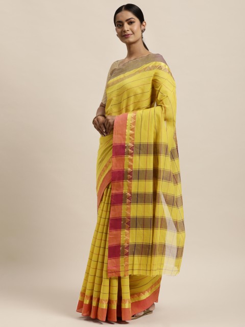 

aamna Yellow & Navy Blue Striped Handloom Pure Cotton Mangalagiri Saree