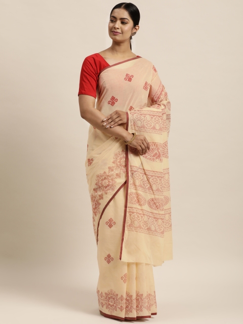 

aamna Cream-Coloured & Red Printed Pure Cotton Saree