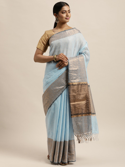 

aamna Blue Zari Tissue Banarasi Saree