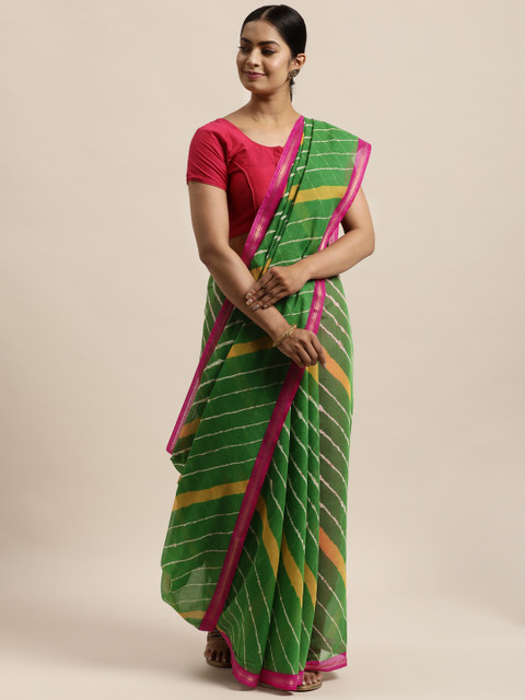 

aamna Green & Yellow Leheriya Printed Silk Cotton Sustainable Ikat Saree