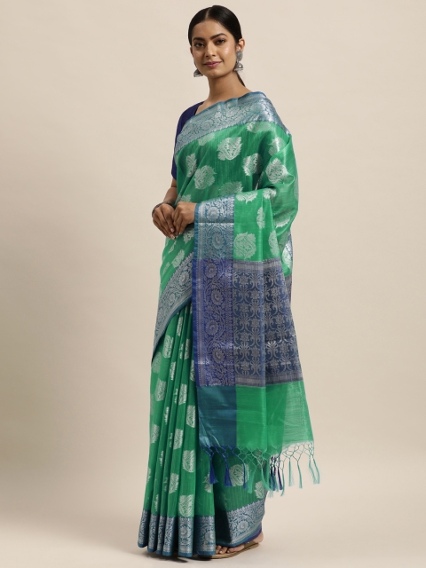 

aamna Green & Silver-Toned Ethnic Motifs Zari Art Silk Kanjeevaram Saree