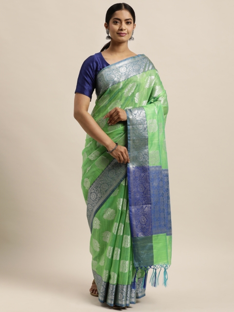 

aamna Lime Green & Silver-Toned Ethnic Motifs Zari Art Silk Kanjeevaram Saree