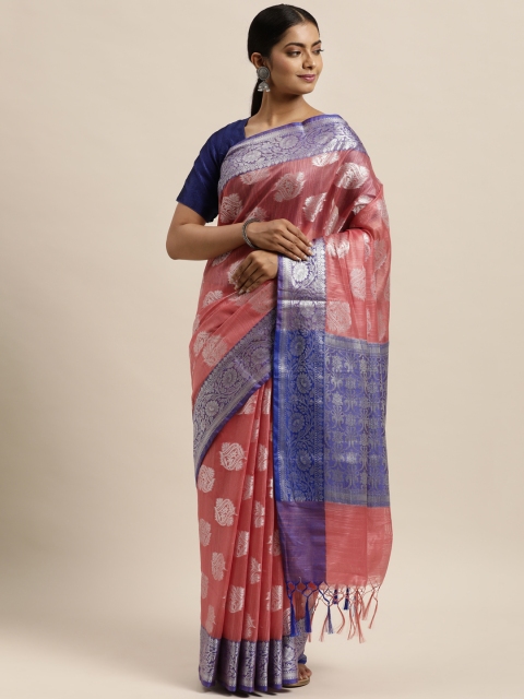 

aamna Pink & Silver-Toned Ethnic Motifs Zari Art Silk Kanjeevaram Saree