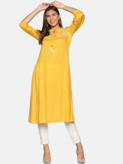 

Saffron Threads Women Mustard Yellow Ethnic Motifs Yoke Design Kurta with Trousers