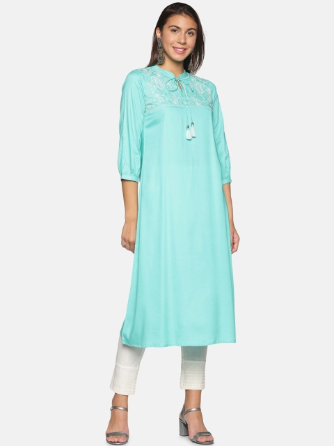 

Saffron Threads Women Turquoise Blue Ethnic Motifs Yoke Design Kurta with Trousers
