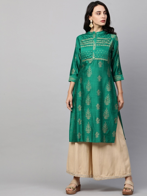 

FASHOR Women Green Ethnic Motifs Printed Straight Kurta