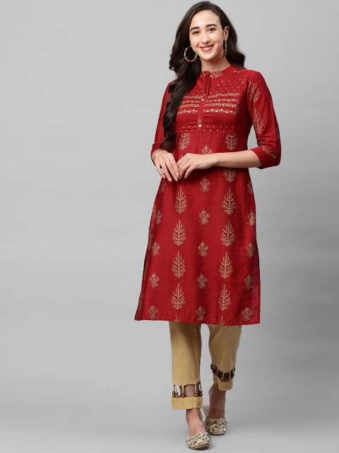 

FASHOR Women Red Ethnic Motifs Foil Printed Kurta