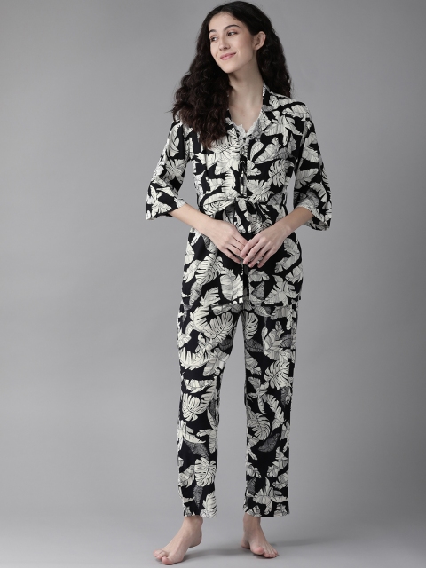 

The Dry State Women Black & Off White Tropical Printed Pyjamas Set