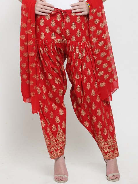 

Clora Creation Women Red & Gold-Coloured Printed Pure Cotton Loose-Fit Patiala With Dupatta