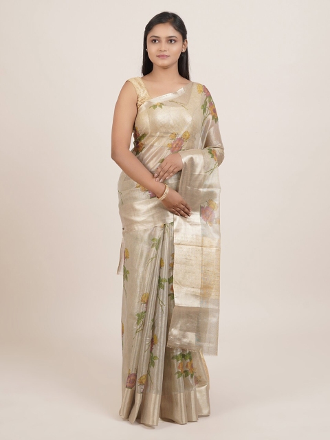 

Pothys Cream-Coloured & Gold-Coloured Floral Zari Tissue Saree