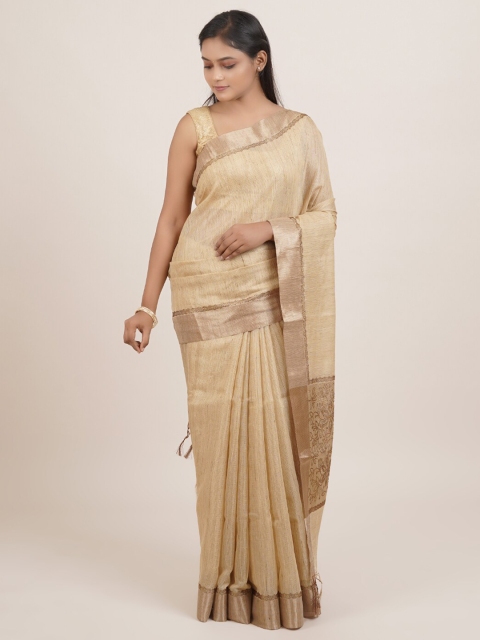 

Pothys Cream-Coloured & Gold-Coloured Woven Design Zari Border Tissue Saree