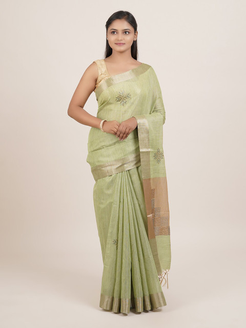 

Pothys Green & Gold-Toned Ethnic Motifs Zari Tissue Saree