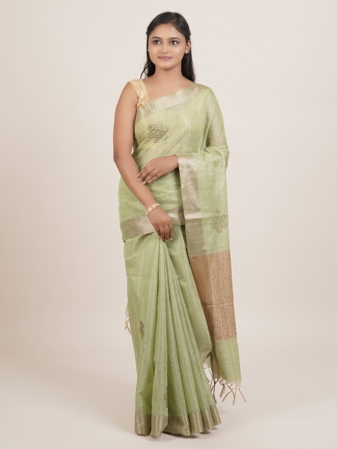 

Pothys Green & Gold-Toned Beads and Stones Tissue Saree