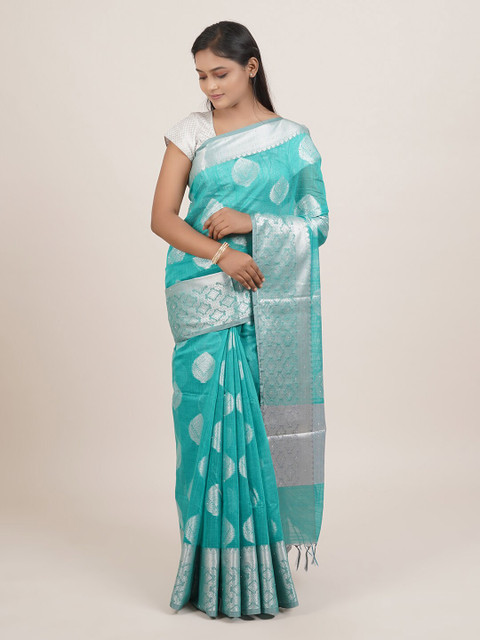 

Pothys Sea Green & Silver-Coloured Ethnic Motifs Woven Design Saree