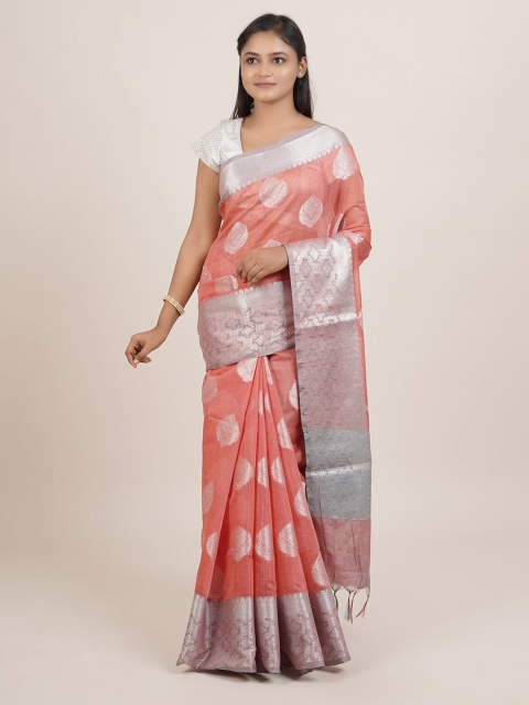 

Pothys Peach-Coloured & Silver-Toned Ethnic Motifs Zari Pure Cotton Saree