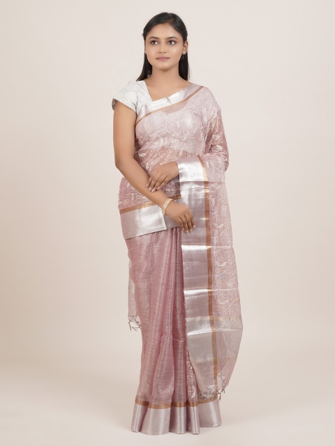 

Pothys Pink & Silver-Coloured Floral Embroidered Tissue Saree