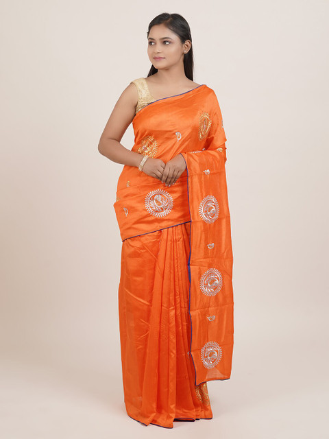 

Pothys Orange & Silver-Coloured Ethnic Motifs Embroidered Saree