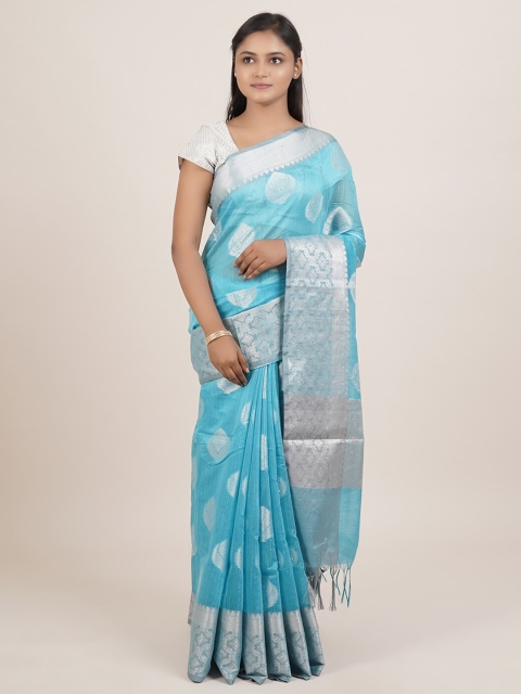 

Pothys Blue & Silver-Coloured Ethnic Motifs Woven Design Saree