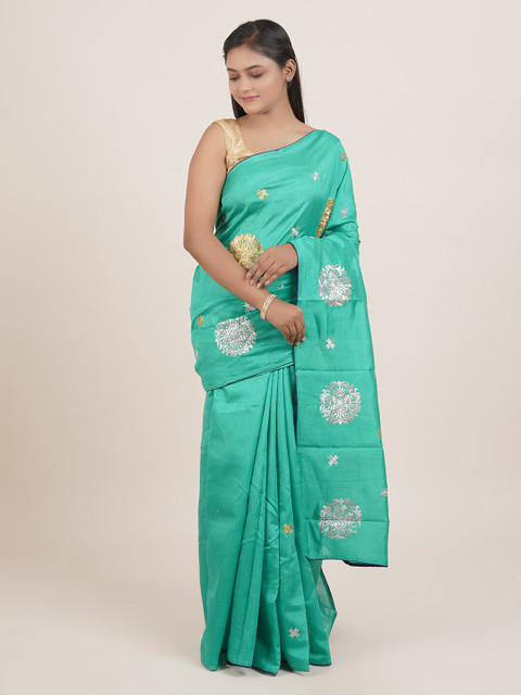 

Pothys Green & Silver-Coloured Ethnic Motifs Embroidered Saree