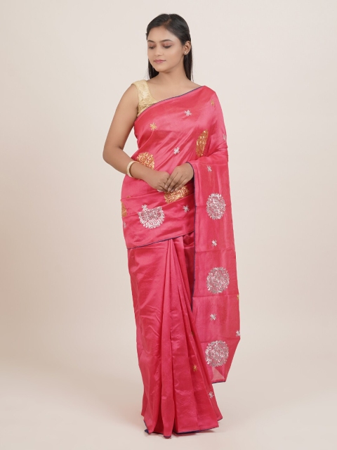 

Pothys Pink & Silver-Toned Ethnic Motifs Embroidered Saree