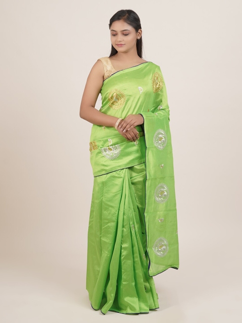 

Pothys Green & Silver-Coloured Ethnic Motifs Embroidered Saree