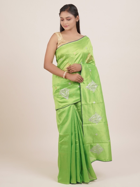 

Pothys Green & Silver-Coloured Ethnic Motifs Embroidered Saree