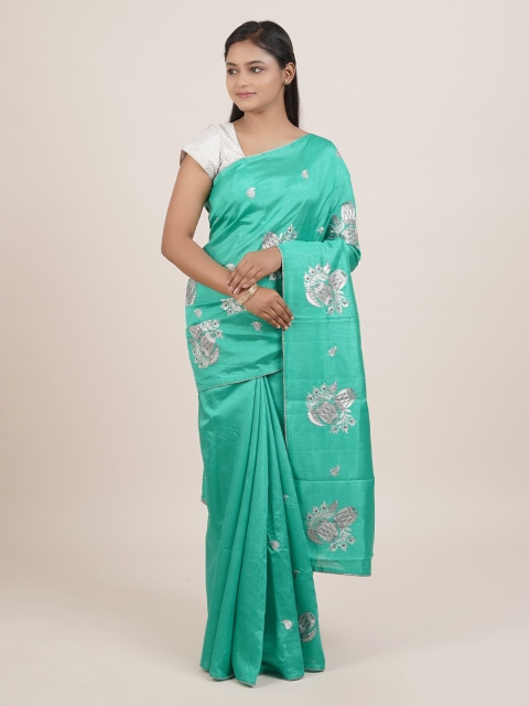 

Pothys Green & Silver-Coloured Ethnic Motifs Embroidered Saree
