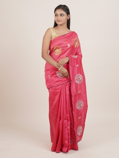 

Pothys Pink & Gold-Coloured Ethnic Motifs Embroidered Saree