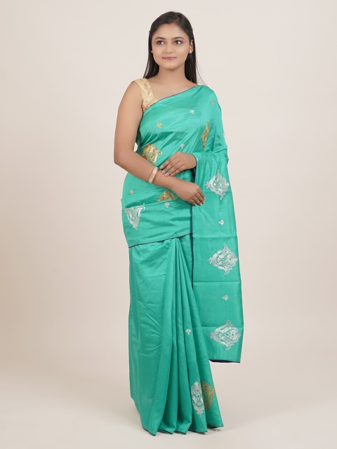 

Pothys Sea Green & Silver-Toned Ethnic Motifs Embroidered Saree