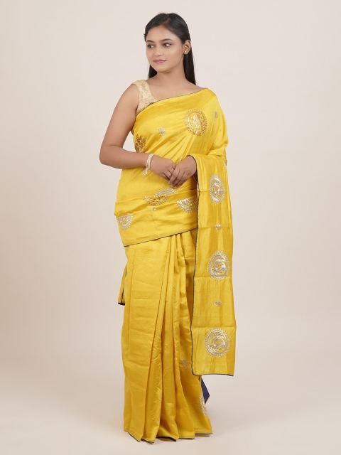 

Pothys Yellow & Silver-Toned Ethnic Motifs Embroidered Saree