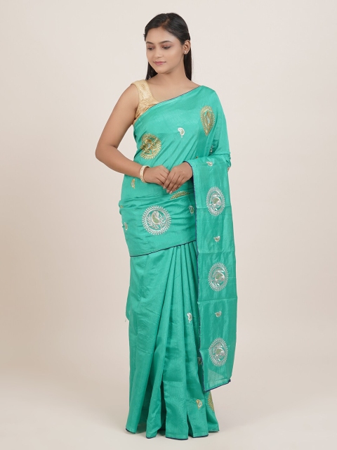 

Pothys Sea Green & Gold-Coloured Ethnic Motifs Embroidered Saree