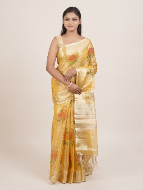 

Pothys Yellow & Rust Floral Printed Tissue Saree