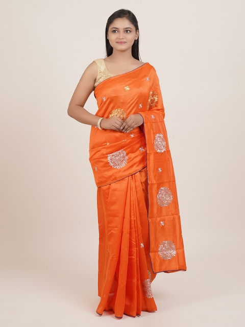 

Pothys Orange & Silver-Coloured Ethnic Motifs Embroidered Saree