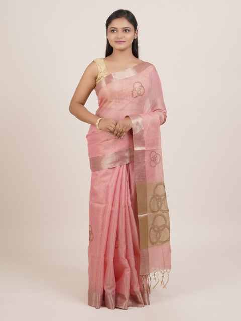 

Pothys Pink & Beige Geometric Embellished Tissue Saree