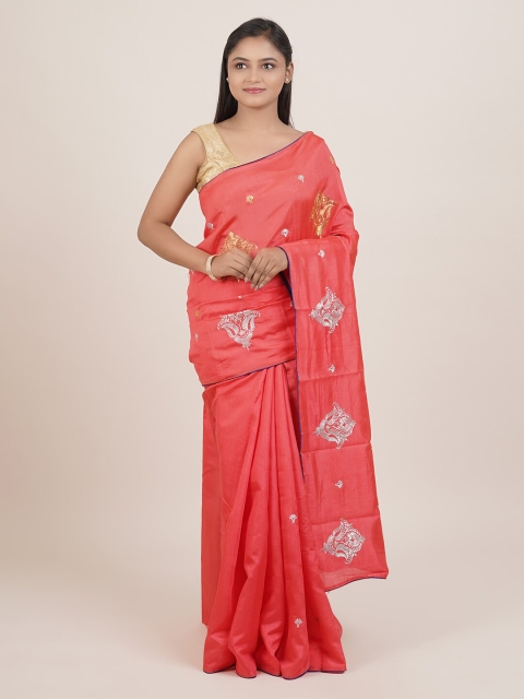 

Pothys Pink & Silver-Coloured Ethnic Motifs Embroidered Saree