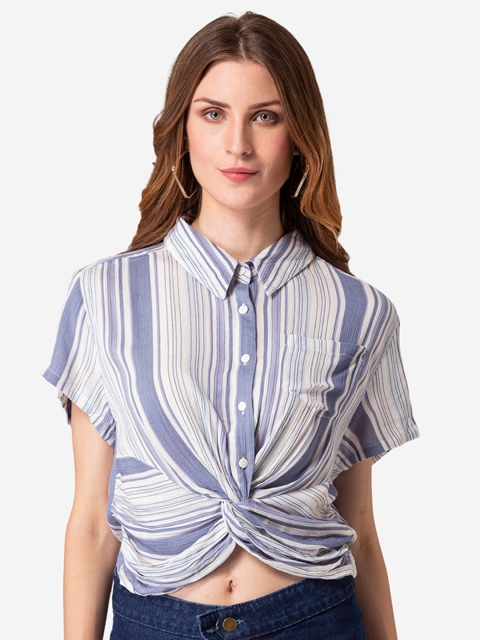 

Modriba Lavender Striped Twisted Shirt Style Crop Top