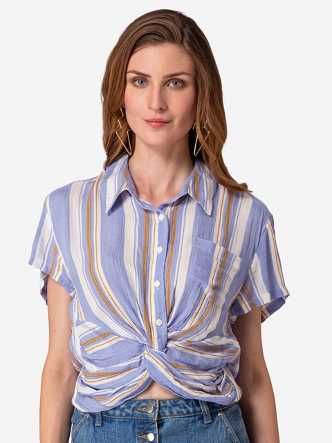 

Modriba Lavender & White Striped Shirt Style Knotted Crop Top
