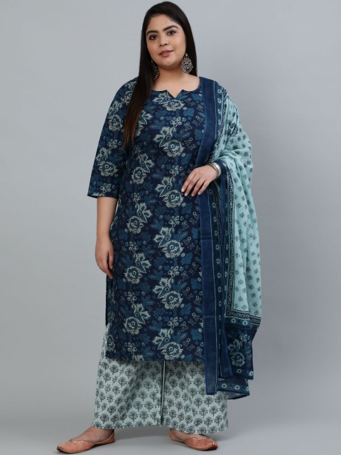 

Nayo Women Blue Floral Printed Pure Cotton Kurta with Palazzos & With Dupatta