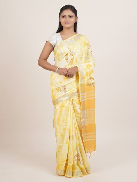 

Pothys Yellow & White Floral Linen Blend Saree