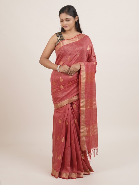 

Pothys Pink & Gold-Toned Woven Design Zari Linen Blend Saree