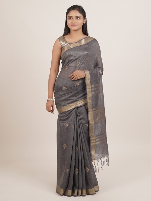 

Pothys Grey & Gold-Toned Woven Design Zari Linen Blend Saree