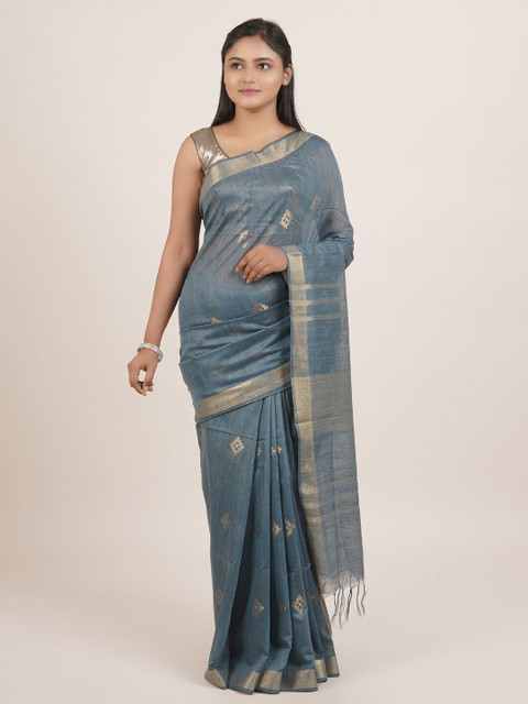 

Pothys Blue & Gold-Coloured Ethnic Motifs Zari Linen Blend Saree