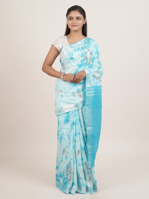 

Pothys Blue & White Floral Zari Linen Blend Saree