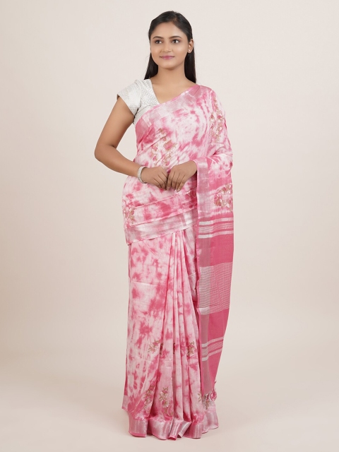 

Pothys Pink & White Floral Embroidered Linen Blend Saree