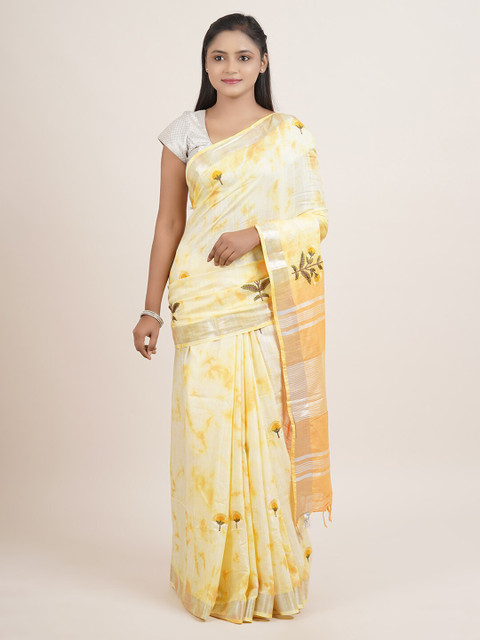 

Pothys Yellow & White Floral Embroidered Linen Blend Saree