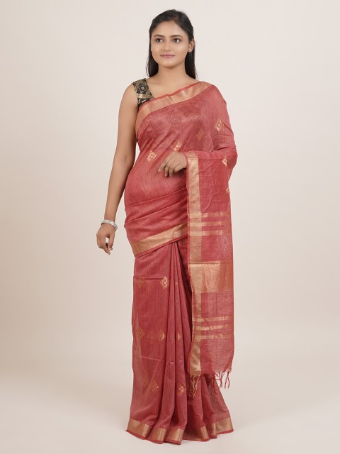 

Pothys Red & Gold-Toned Woven Design Zari Linen Blend Saree