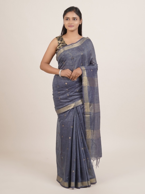 

Pothys Blue & Grey Woven Design Zari Linen Blend Saree